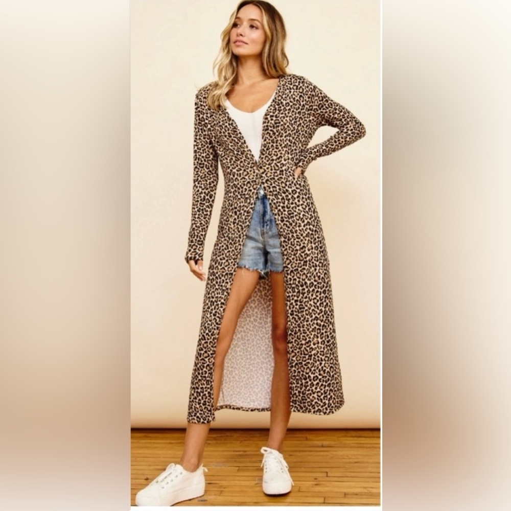 Ces Femme Full Length Cheetah Print Cardigan